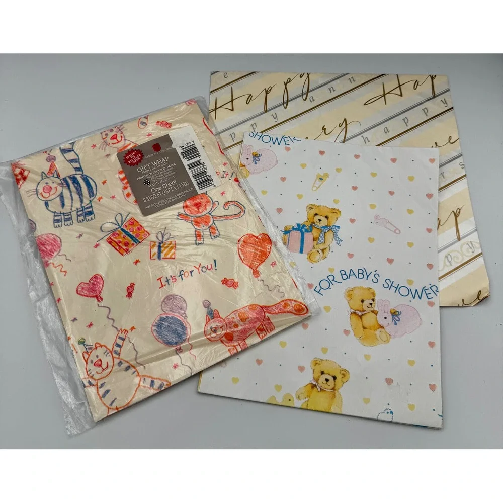 Vintage American Greetings Wrapping Paper Lot Baby Shower Anniversary Cats 80s